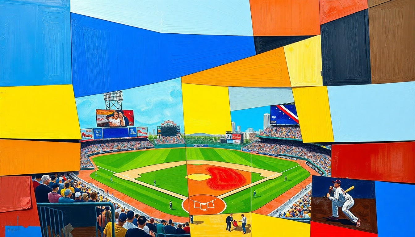 A fragmented, geometric painting in bold colors depicting the chaotic motion and intensity of a baseball game, with players and field elements broken down into sharp, overlapping planes.
