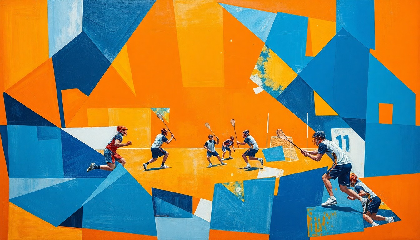 A cubist, geometric painting depicting a lacrosse game, with overlapping planes of orange, blue, and white representing the players and action on the field.