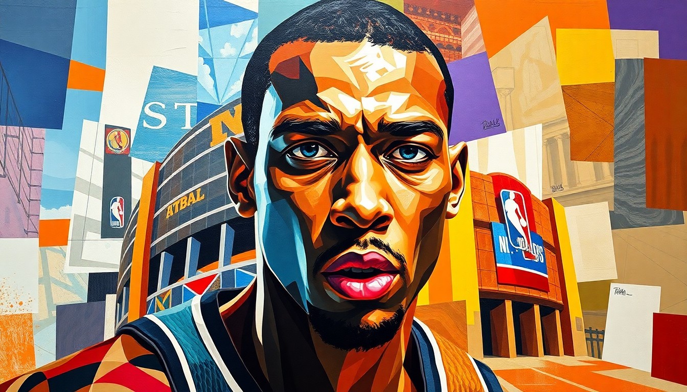 A fractured, cubist-style painting depicting a basketball player's journey to visit NBA arenas, with the player's face and the arenas' architectural elements broken down into sharp, overlapping geometric shapes and planes in a dynamic, vibrant composition.