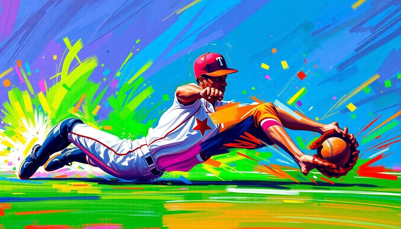 An abstract, expressionist painting in neon colors depicting the blurred, kinetic motion of a baseball player sliding and making a defensive play, conveying the excitement and athleticism of the moment.