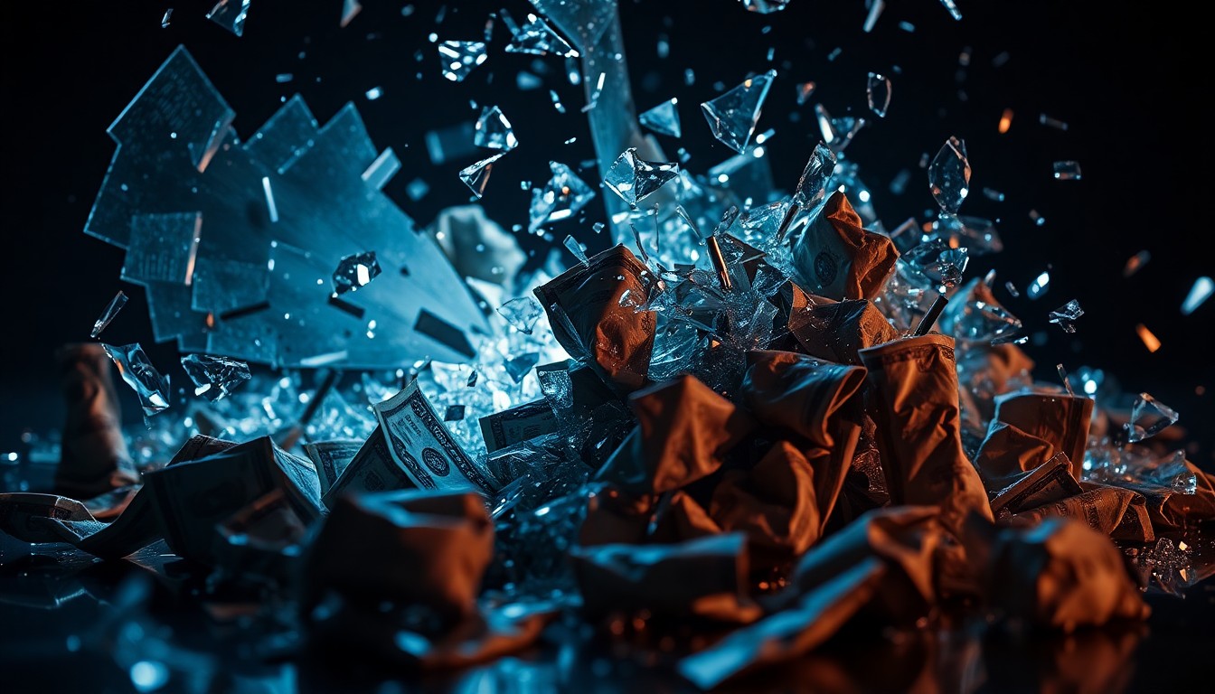 An abstract close-up image of shattered glass and crumpled dollar bills, captured in dramatic high-contrast lighting to convey the tense and unsettling aftermath of a violent robbery.