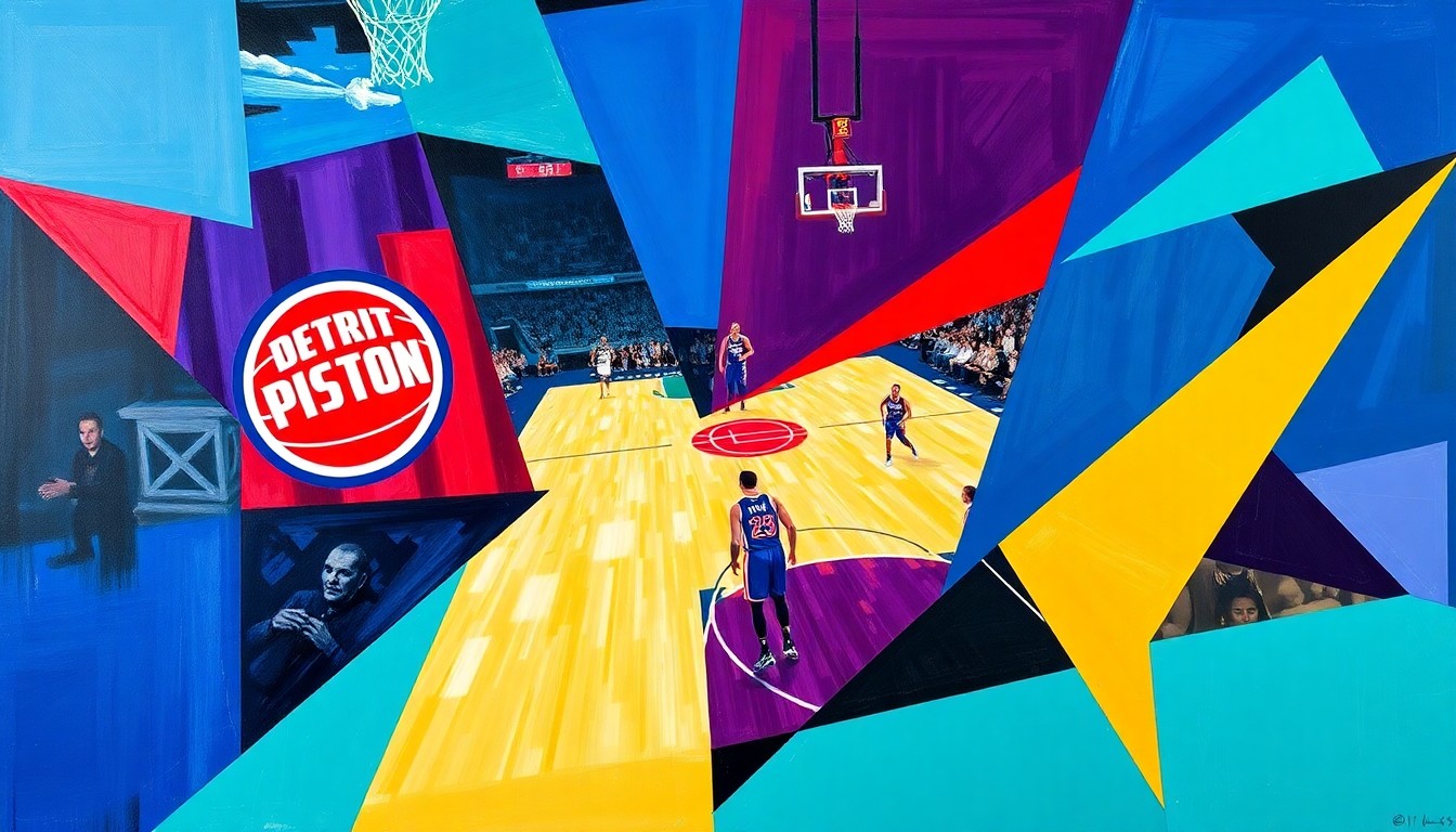 A fractured, cubist-style painting depicting a basketball game between two teams, with sharp geometric shapes and planes of vibrant colors representing the dynamic action on the court.