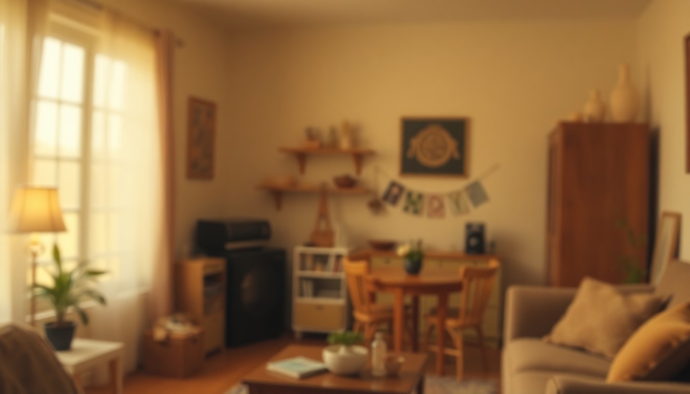 An extremely abstracted, out-of-focus photograph shot through condensation or rain-streaked glass, composed of soft pools of warm color and light depicting a cozy, domestic scene with blurred shapes and silhouettes of everyday household objects.