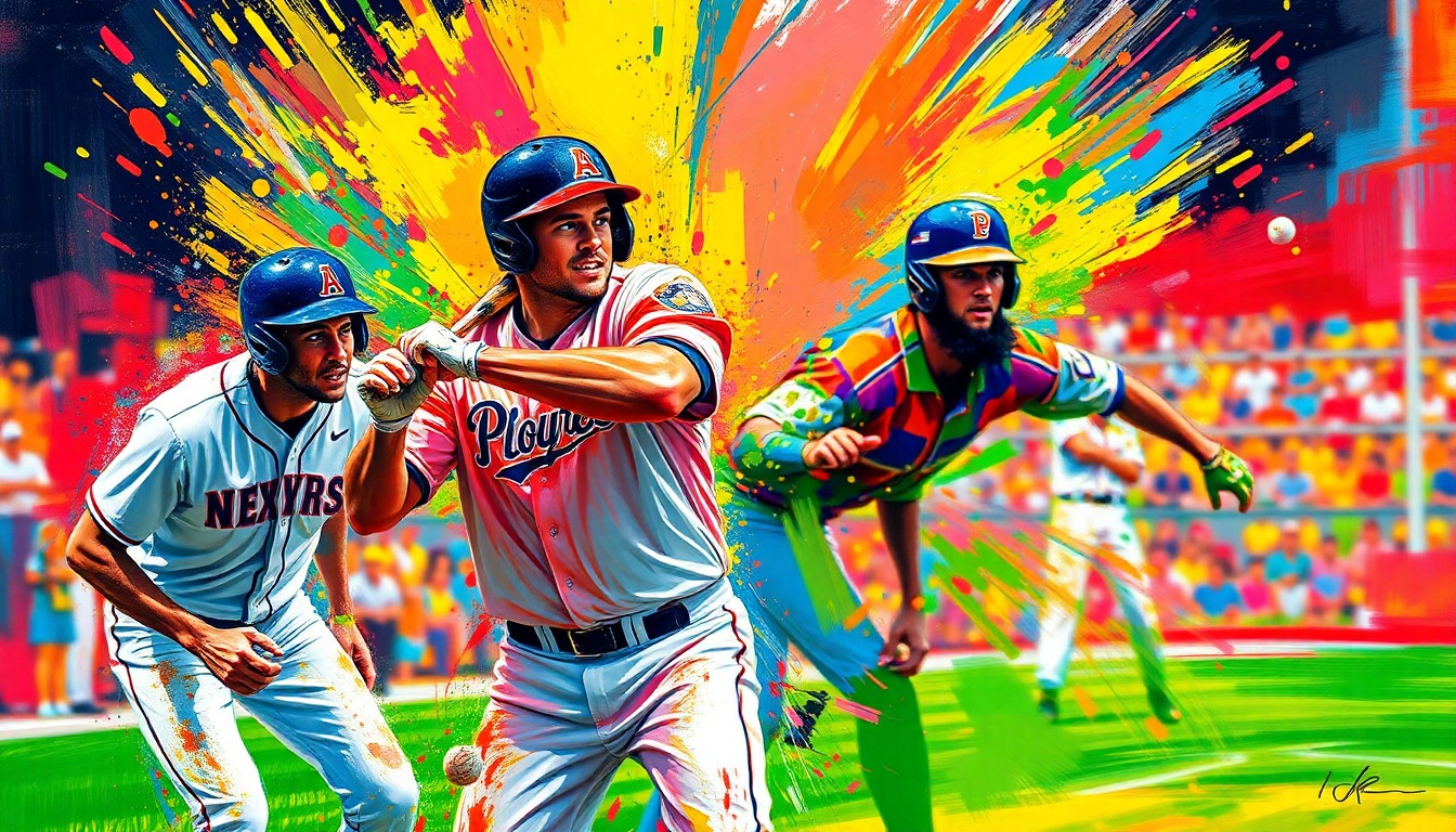 An abstract expressionist painting in vibrant neon colors, with rapid brushstrokes capturing the dynamic motion and energy of a softball game, the players' forms dissolving into unrecognizable shapes and splatters.