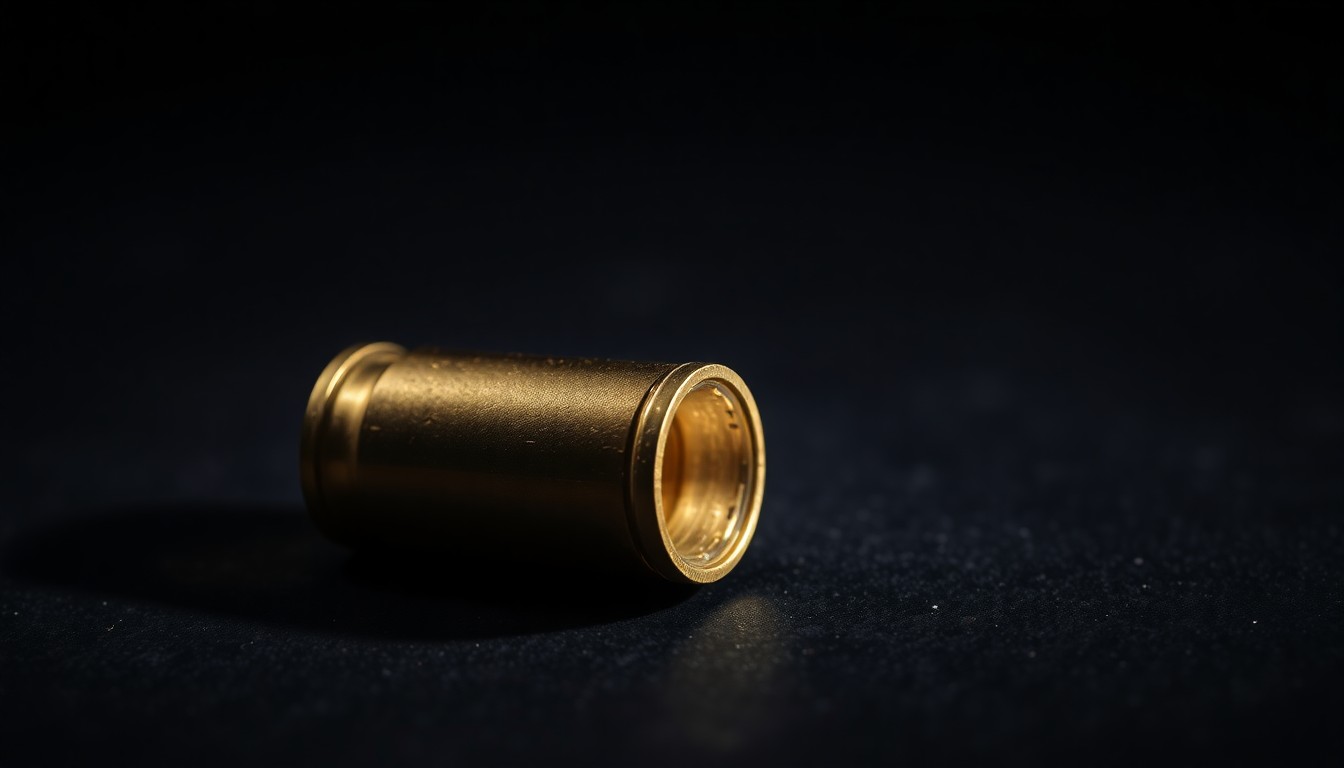 An extreme close-up photograph of a spent shell casing on a dark surface, lit by a harsh, direct camera flash, conceptually illustrating the physical remnants of a violent crime.