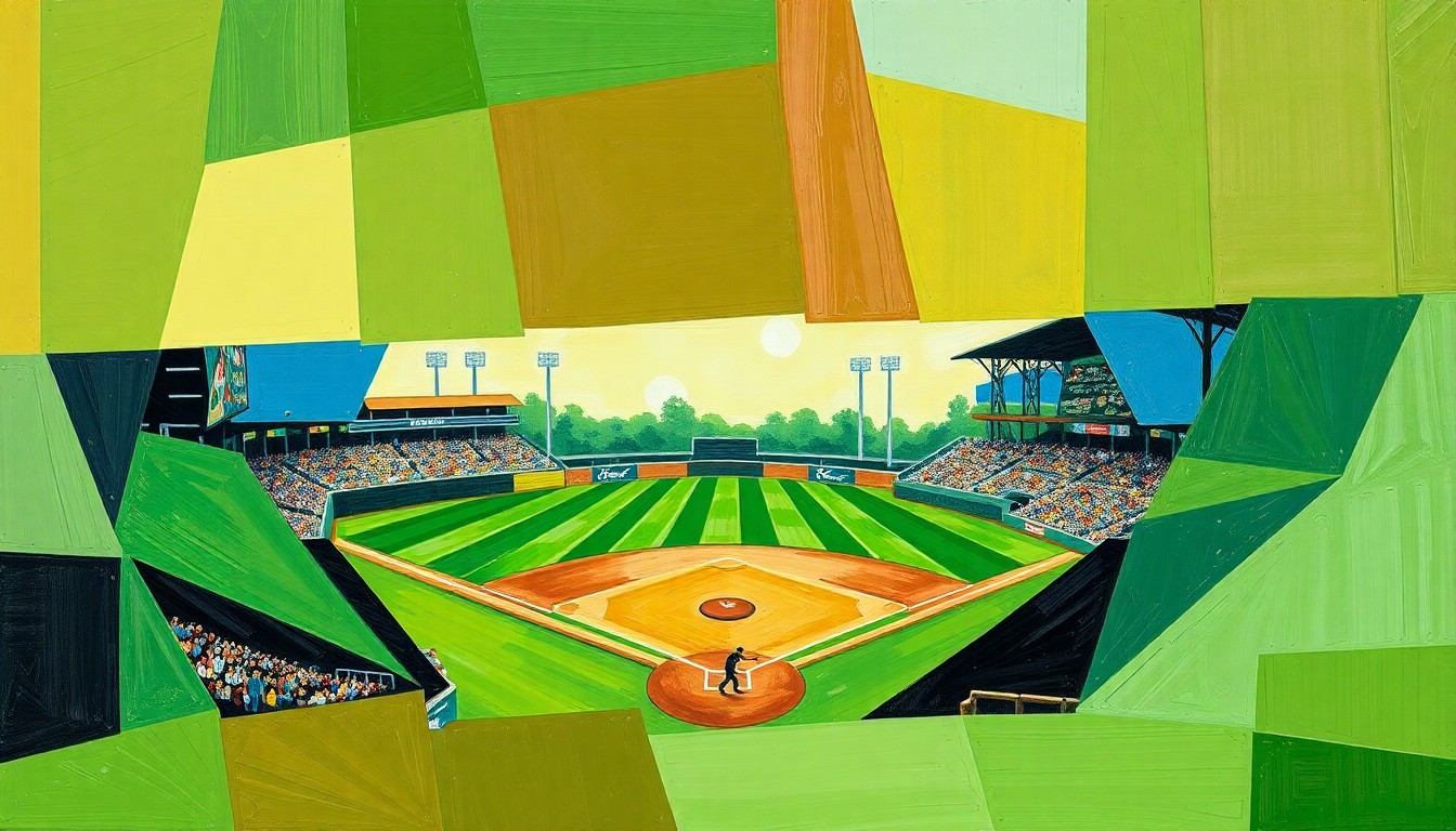 A fragmented, geometric painting depicting the dynamic movements and energy of a high school baseball game, with sharp planes of green, brown, and blue hues.
