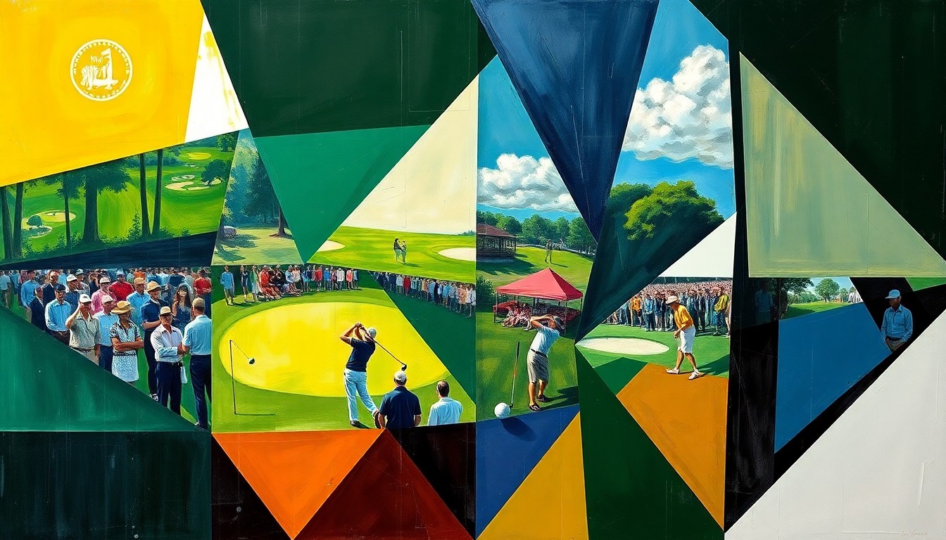 A cubist-style painting featuring sharp, overlapping geometric shapes in various shades of green, representing the Masters golf tournament in an abstract, deconstructed manner.