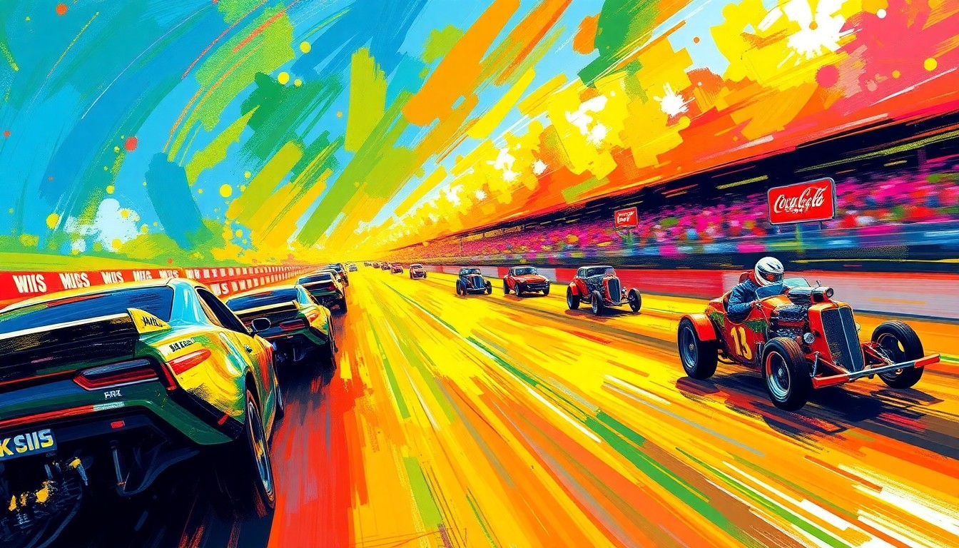 An abstract, expressionist painting in vibrant neon colors, capturing the raw energy and motion of a drag racing event, with the details of the cars and track dissolving into unrecognizable splatters of color.
