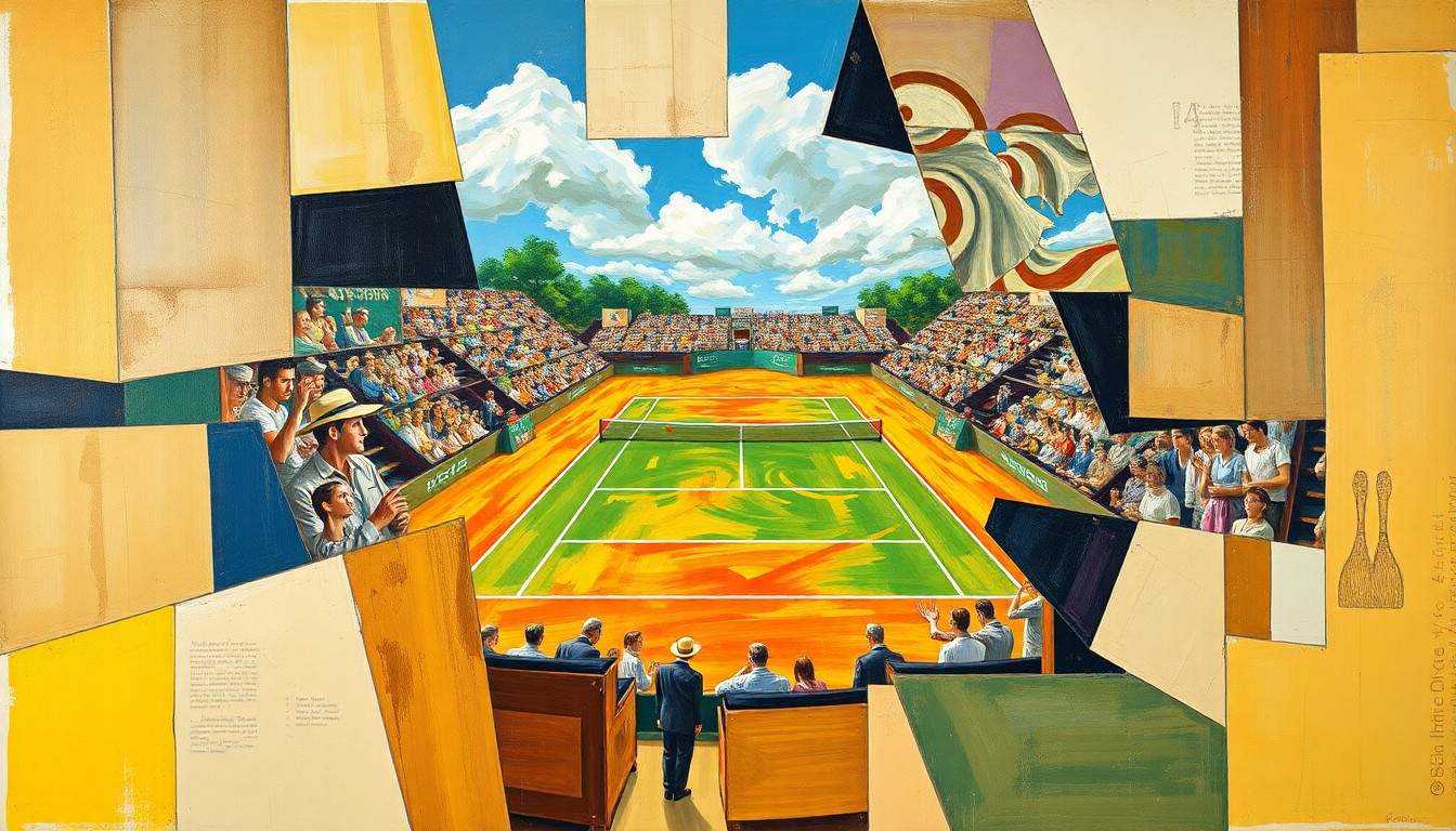 A cubist-style painting depicting a tennis match or competition, with the players and court broken down into sharp, overlapping geometric shapes and planes, conveying the intensity and complexity of the sport.