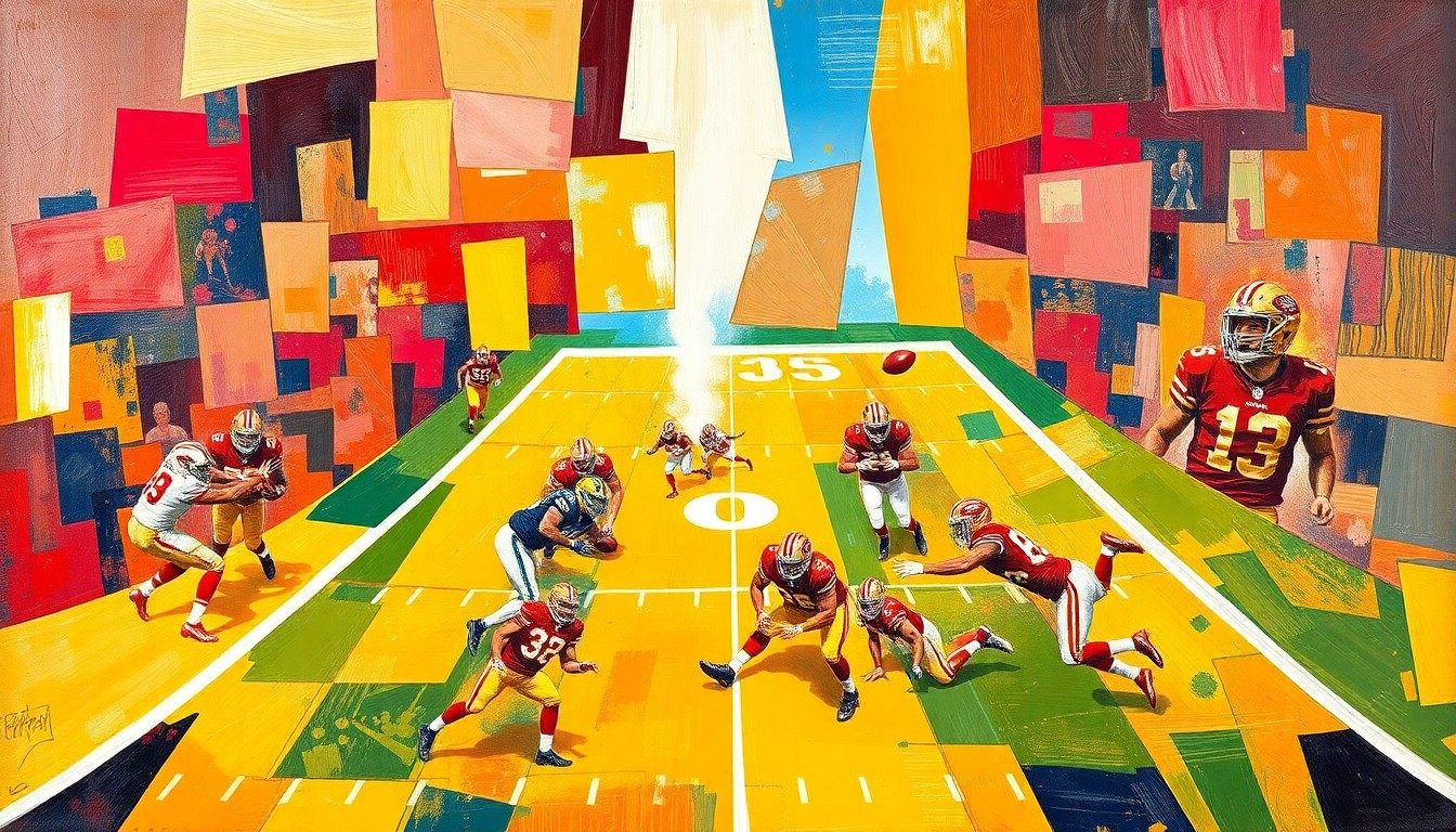 A cubist, geometric painting depicting a fragmented football game, with sharp planes of red and gold colors representing the San Francisco 49ers' team colors, conveying the team's multifaceted approach to rebuilding their roster through the upcoming NFL Draft.