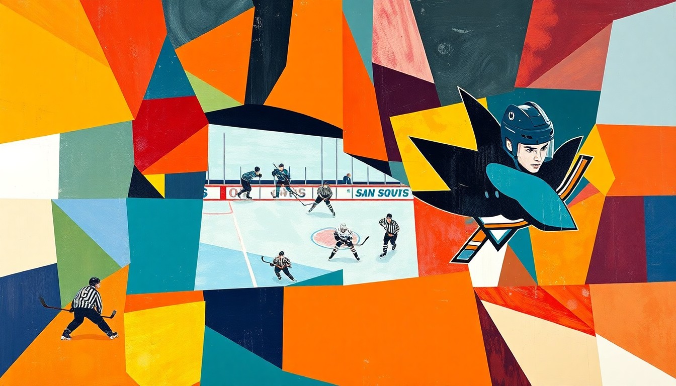 A cubist, geometric painting depicting a hockey game or match, with sharp, overlapping planes of color representing the dynamic movements and energy of the sport.