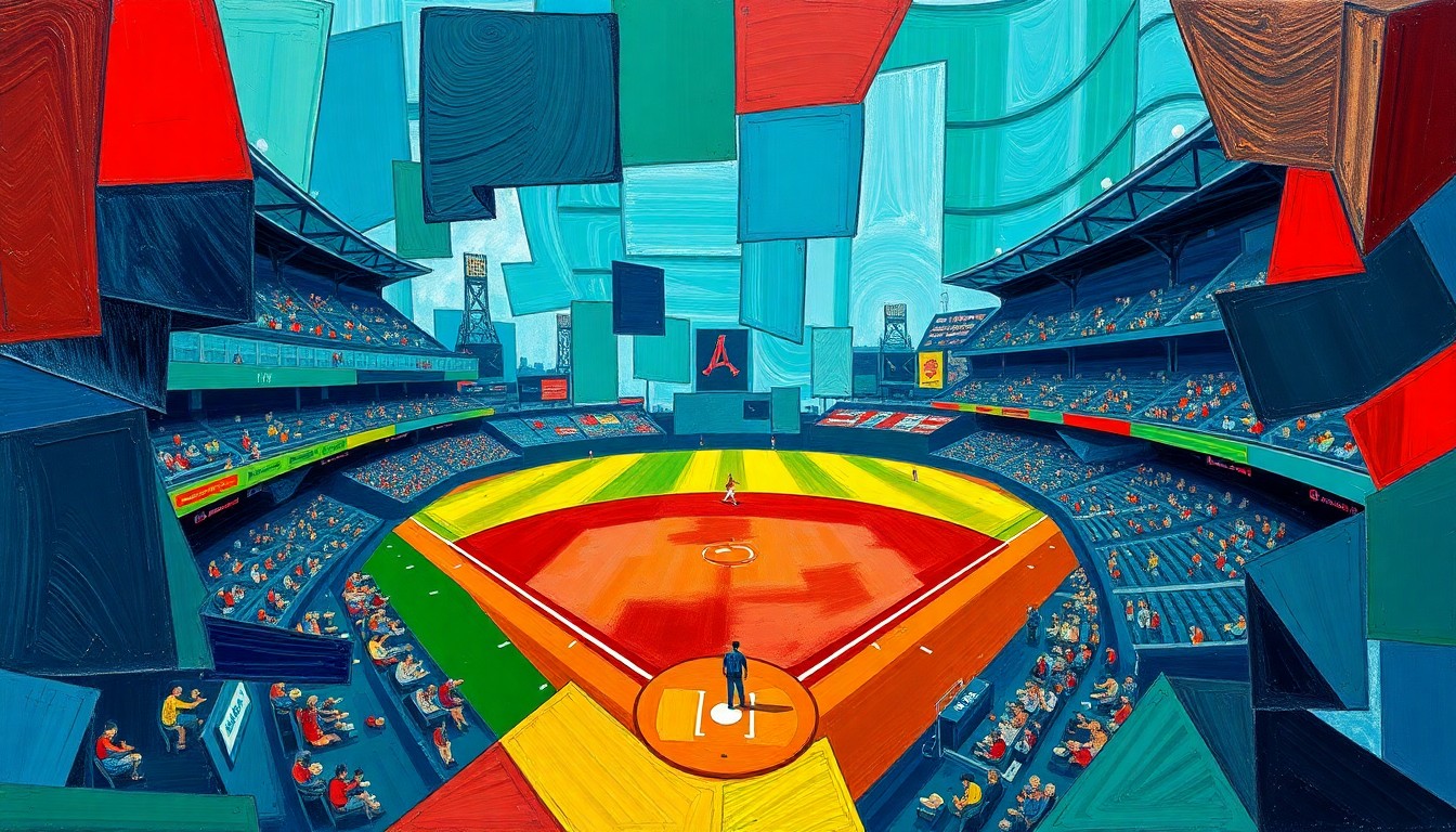 A fractured, multi-perspective painting in bold, vibrant colors depicting a baseball game in progress, with sharp, overlapping geometric shapes and planes representing the dynamic action on the field.