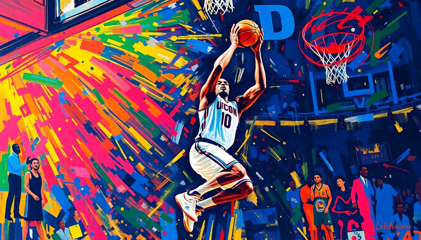 An abstract, expressionist painting in neon colors depicting the dramatic moment of a basketball player shooting a three-pointer, capturing the raw energy and excitement of the game-winning shot.