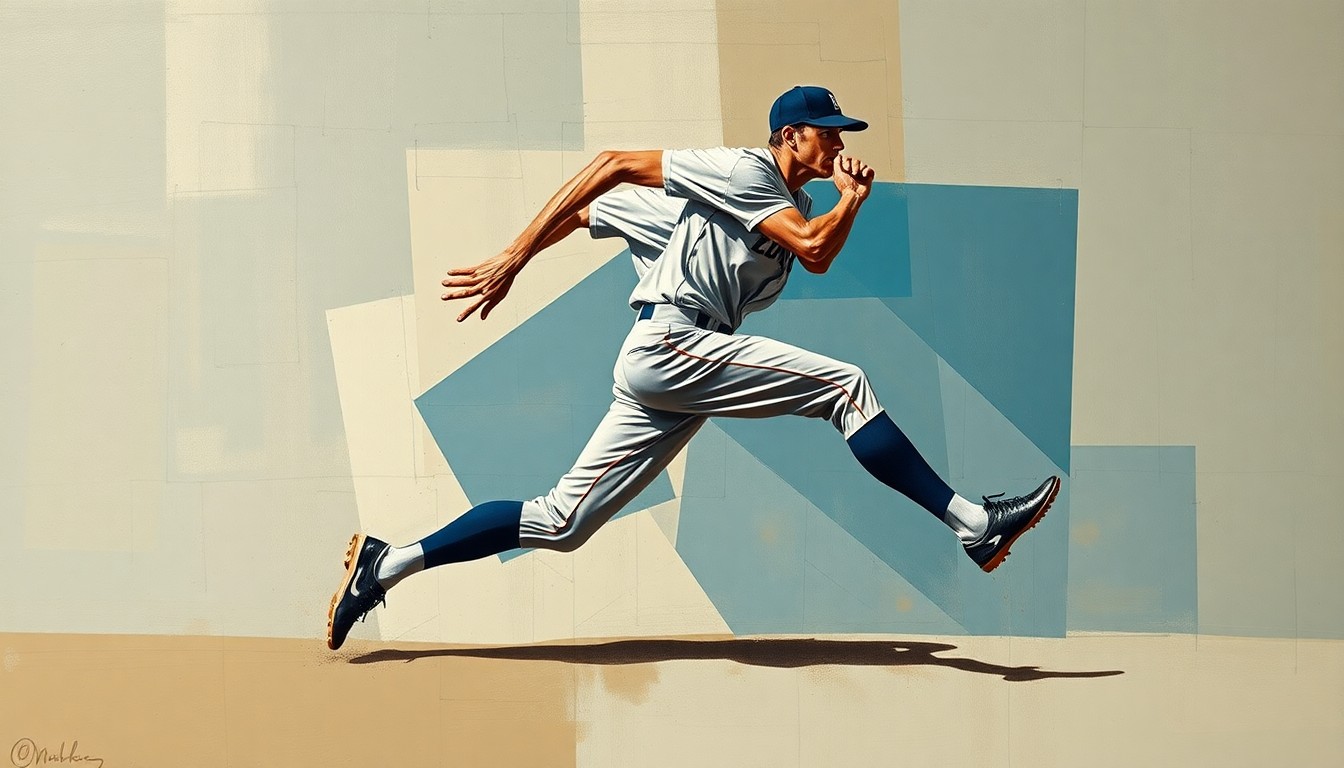 A fractured, geometric painting depicting a baseball player in motion, their form broken down into sharp, overlapping planes in muted earth tones and blues, conveying the delicate nature of elite athletic talent.