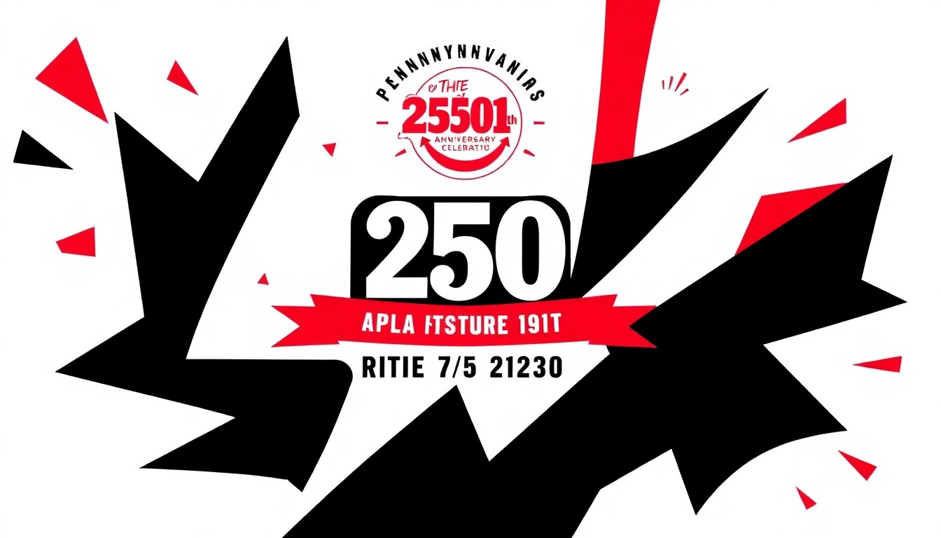 An abstract, minimalist illustration featuring bold, jagged shapes in black, red, and white, conveying the energy and excitement of a live music performance for Pennsylvania's 250th anniversary celebration.