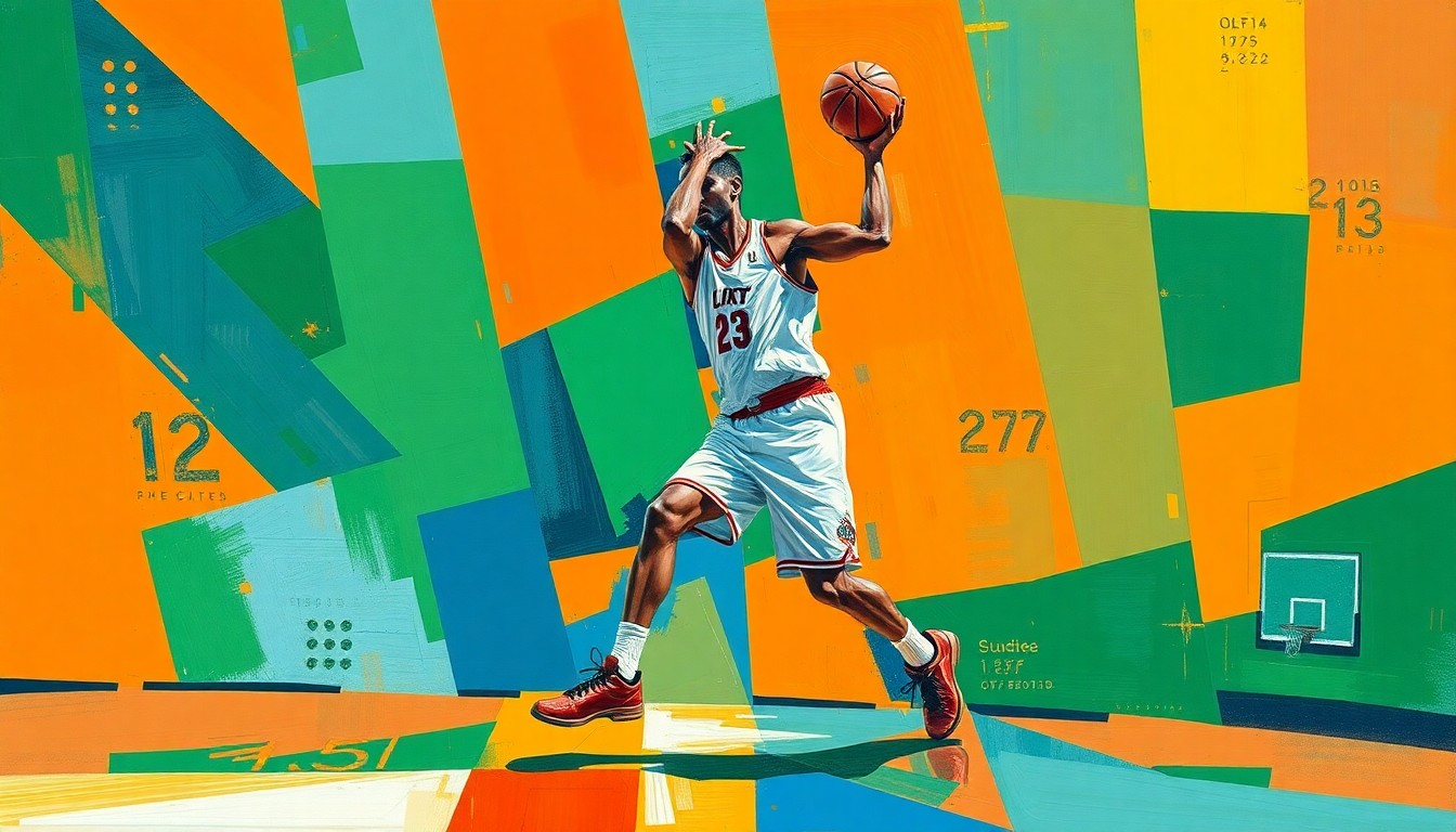 A cubist, geometric painting depicting the dynamic movements and court presence of a basketball player, with sharp, overlapping planes of vibrant orange, blue, and green colors.
