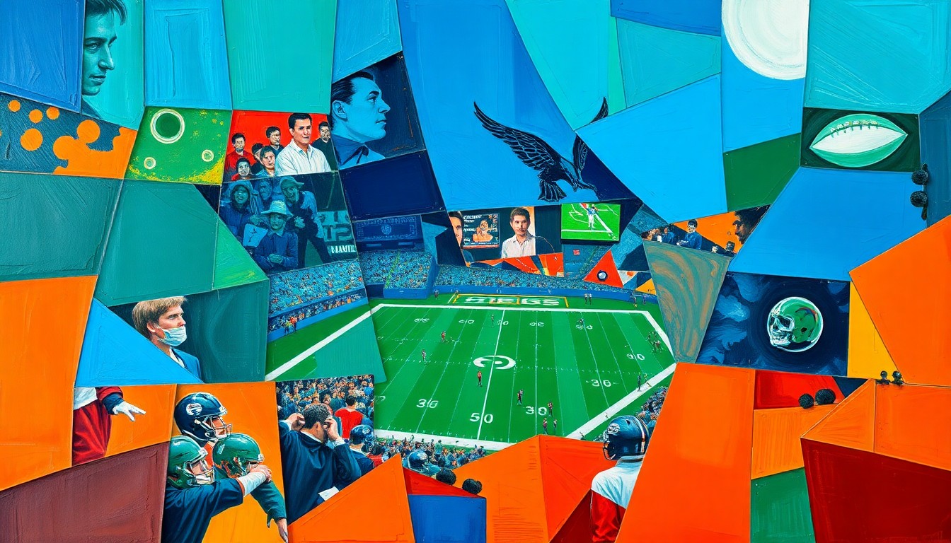 A cubist, geometric illustration depicting various football players and draft prospects in overlapping, fragmented shapes and planes, conveying the sense of uncertainty and excitement surrounding the 2026 NFL Draft.