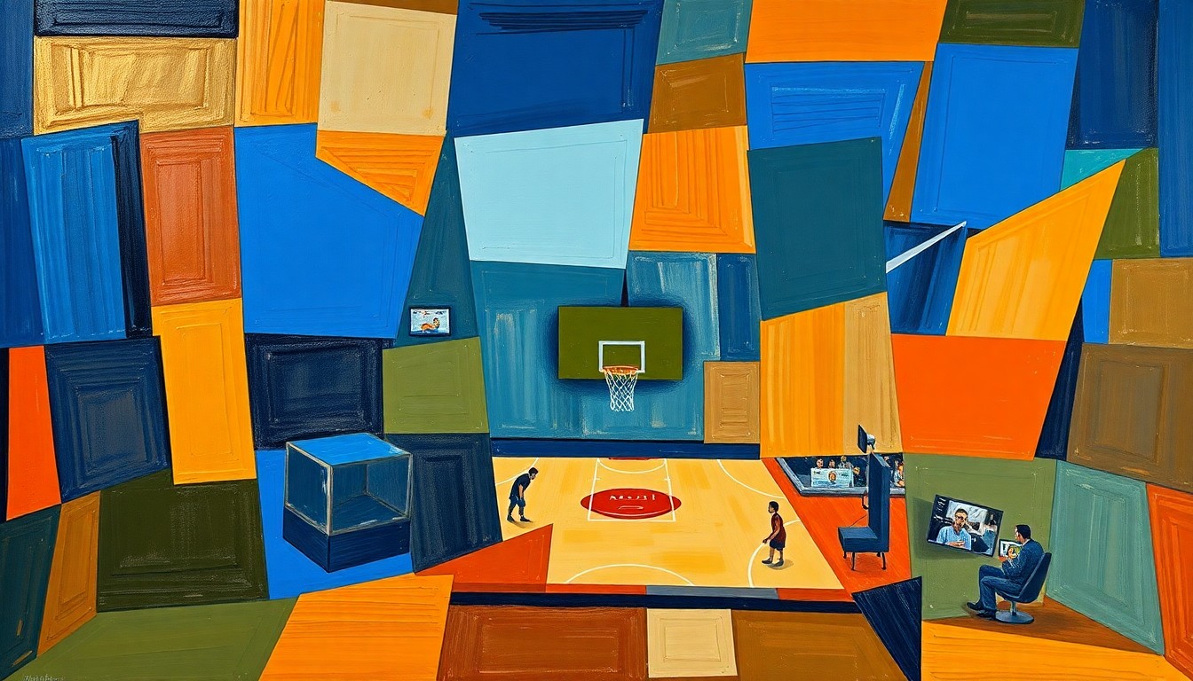 A cubist, geometric painting depicting a fragmented basketball court or broadcast booth, with overlapping planes of color in shades of blue, orange, and green, conceptually representing the transition of a veteran sports announcer from a national network to a local team.
