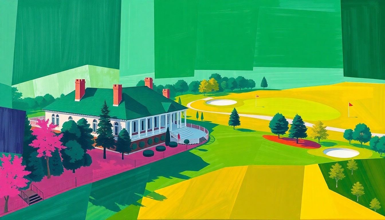 A cubist-style painting depicting the Augusta National Golf Club clubhouse and course, with the iconic structures and landscape broken down into sharp, overlapping geometric shapes in a vibrant color palette, conveying the tournament's blend of tradition and innovation.