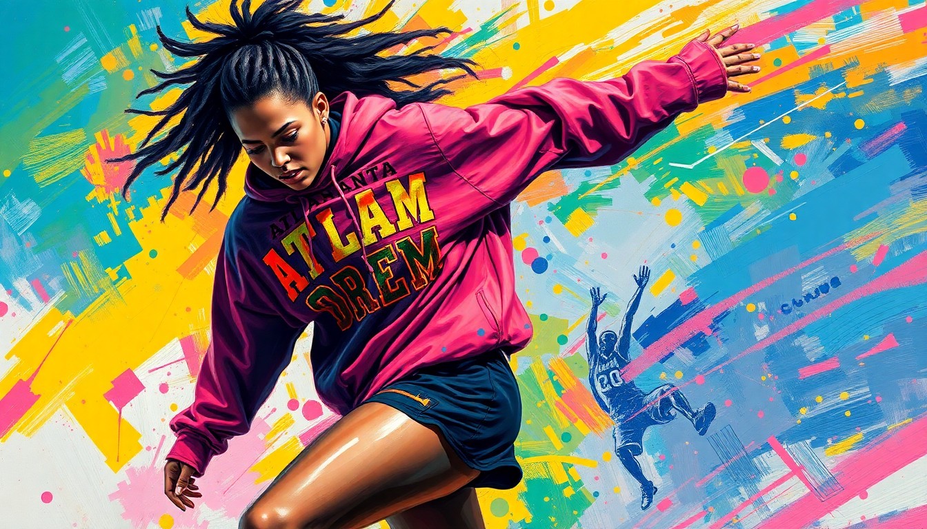 An abstract, expressionist painting in vibrant neon colors depicting the dynamic silhouette of a basketball player in an oversized sweatshirt and short shorts, the figure's details dissolving into energetic brushstrokes that capture the raw athleticism and personal style of the athlete.