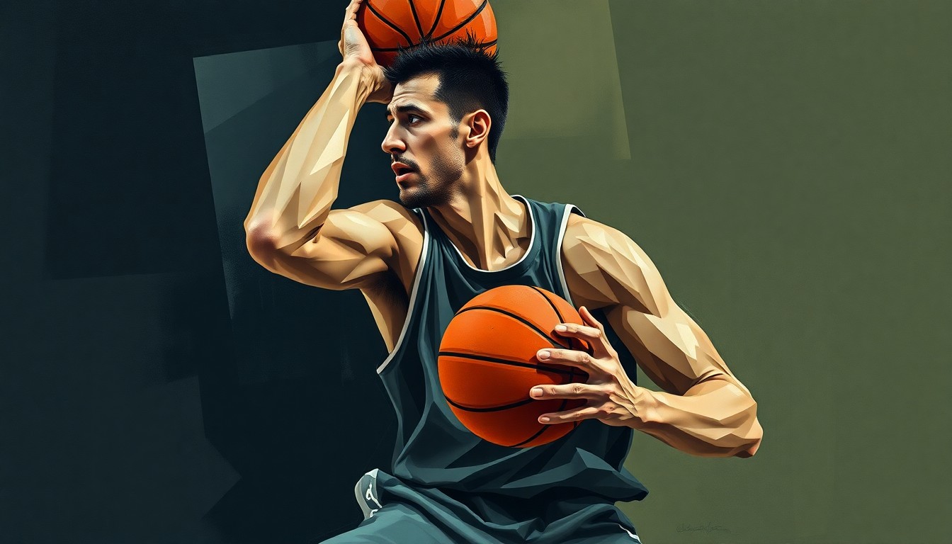 A fragmented, geometric painting depicting the complex physical and mental challenges of an injured basketball player's comeback, with sharp planes of color and overlapping perspectives conveying the nonlinear nature of the recovery process.