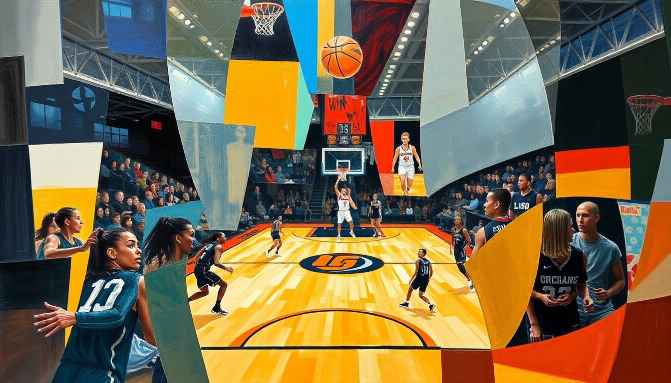 A cubist, geometric painting depicting the fragmented movements and perspectives of a WNBA basketball game, with players and the court abstracted into sharp, overlapping planes of color and form.