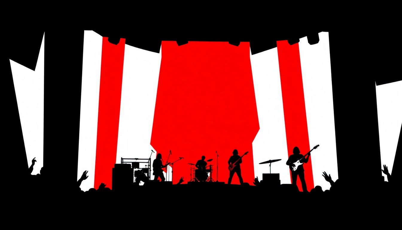 A bold, abstract illustration featuring jagged geometric shapes in high-contrast red and white, conceptually representing the energy and creativity of a music festival performance.