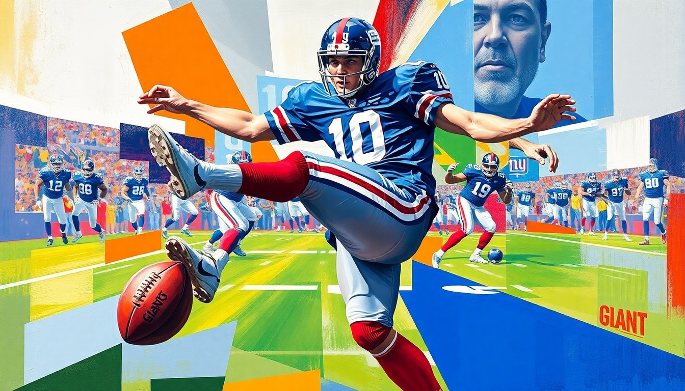 A cubist-style painting depicting a football kicker's motion broken down into sharp, overlapping geometric shapes in the Giants' team colors of blue and red, conveying the strategic shift in the team's approach to the kicker position.