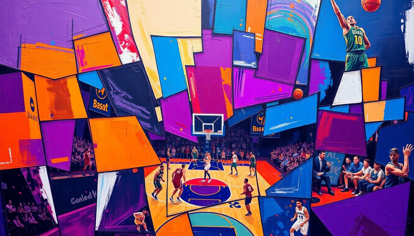 A cubist, geometric painting depicting a basketball game or match, with sharp, overlapping planes of color representing the dynamic action on the court.