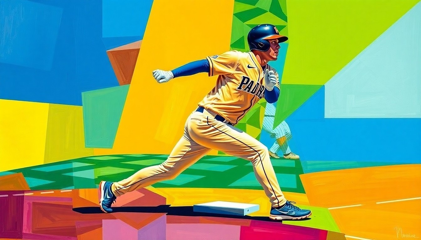 A cubist, geometric painting depicting Fernando Tatis Jr. playing second base for the San Diego Padres, with the baseball diamond and players' uniforms broken down into overlapping planes of vibrant colors.