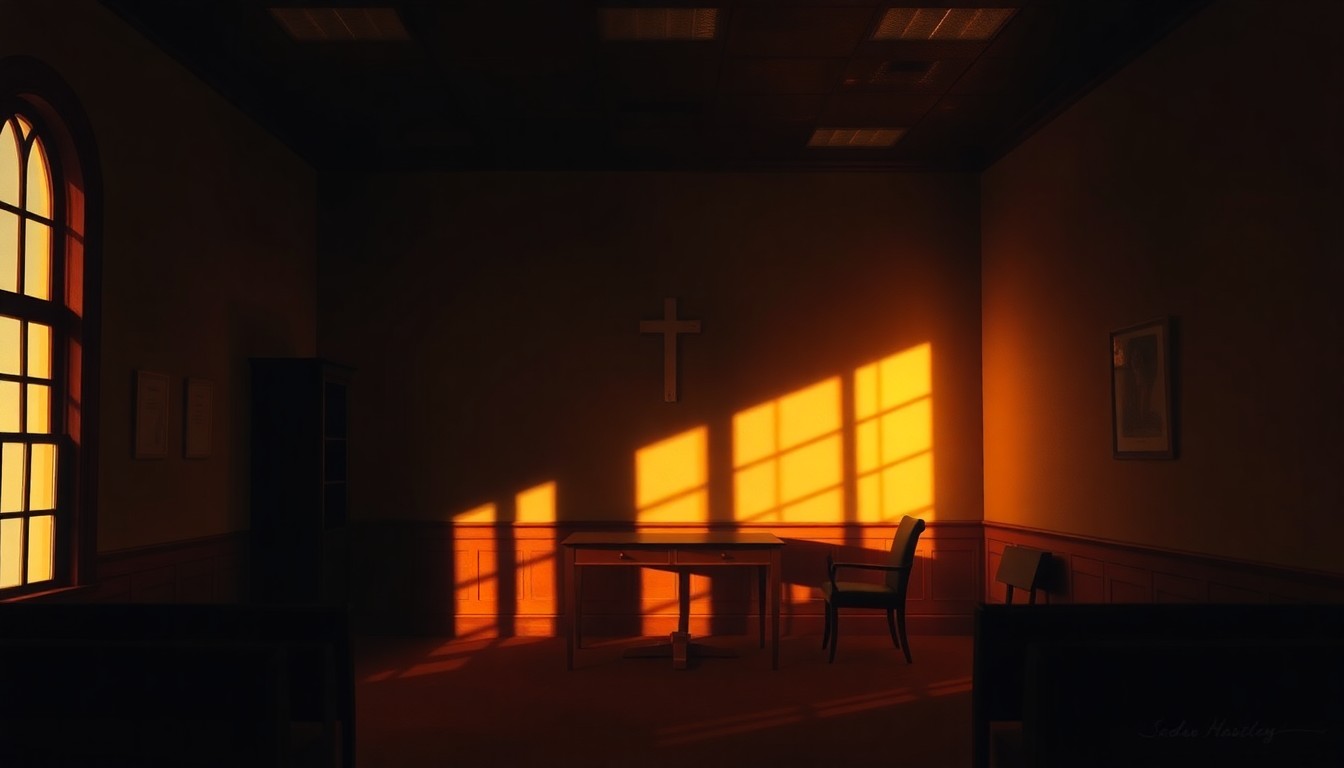 A dimly lit, cinematic interior scene depicting an empty military chapel or chaplain's office, with warm sunlight streaming in through a window and casting deep shadows across the space, conveying a sense of solemnity and unease.