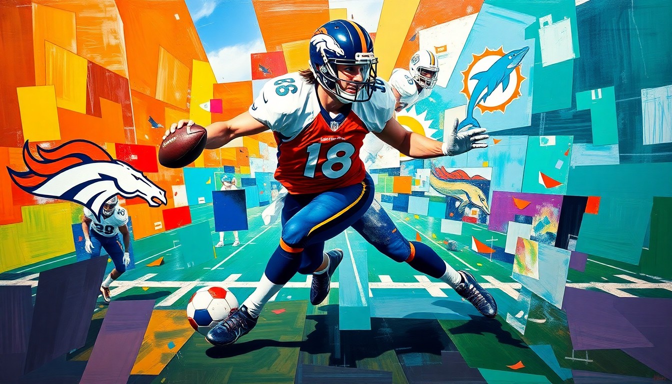 A cubist-style painting depicting a football player in mid-stride, with the ball and field breaking apart into sharp, overlapping geometric planes in the colors of the Broncos and Dolphins uniforms, conveying the dynamic and transformative nature of the Waddle trade.