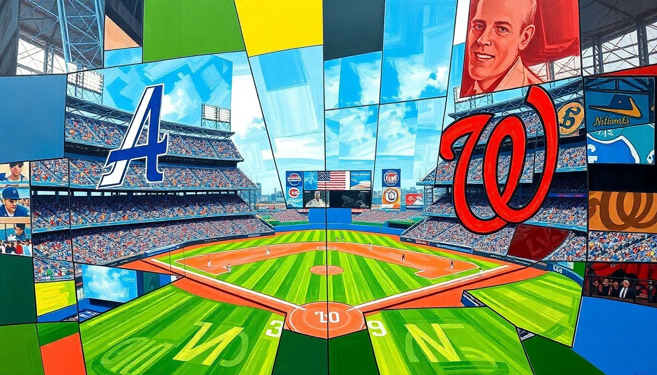 A fractured, multi-perspective painting in bold, geometric shapes and colors, capturing the energy and dynamics of a baseball game between the Los Angeles Dodgers and Washington Nationals.