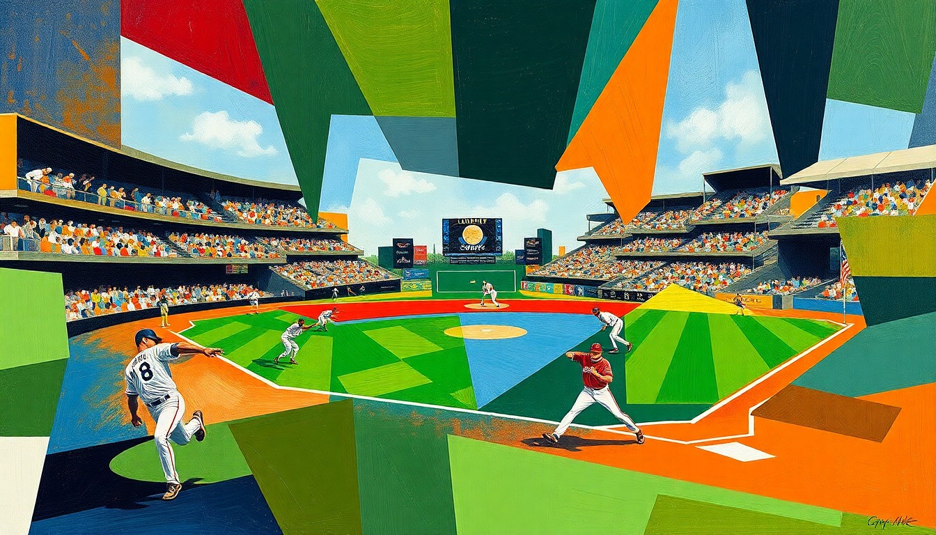 A fragmented, geometric painting depicting a baseball game or match, with players and the field abstracted into sharp, overlapping planes of color and shape, conveying the conceptual energy and uncertainty of the Tigers' playoff prospects.