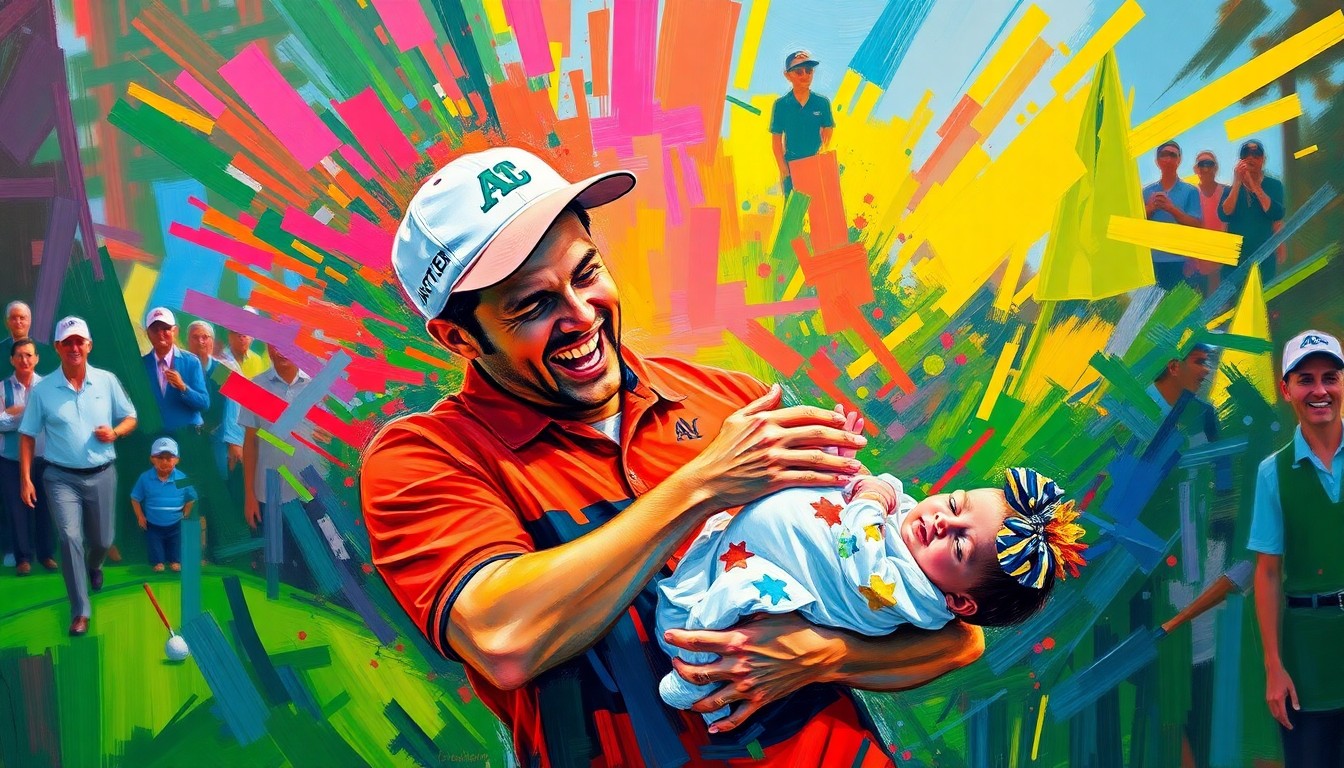 An abstract, energetic painting in neon colors depicting a golfer embracing a newborn baby, representing the joy and balance Scottie Scheffler has found in his personal and professional life.