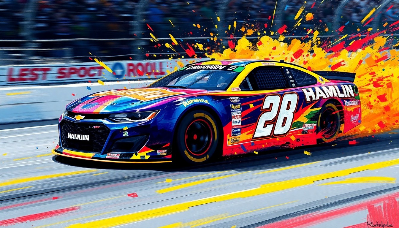 An abstract, expressionist painting in vibrant neon colors, capturing the intense energy and movement of a NASCAR race car as it navigates the Martinsville Speedway track. The car's details are blurred and dissolved into the dynamic brushstrokes, conveying the unpredictable nature of the sport.