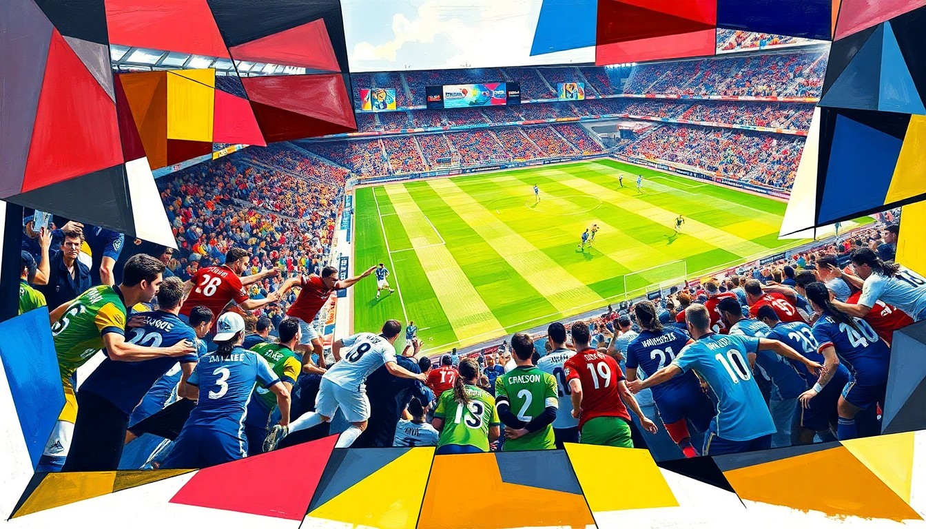 A fractured, multi-perspective painting featuring sharp, overlapping geometric planes in the team colors of FC Dallas and St. Louis CITY SC, capturing the energy and dynamics of their 1-1 draw.