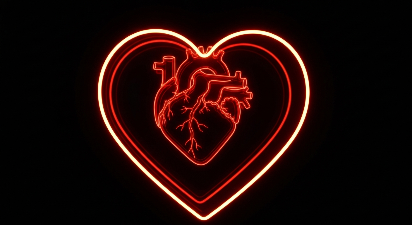 A minimalist design in the style of Keith Haring where the outline of a human heart is defined entirely by vibrant, glowing neon lines against a deep, dark background, conceptually representing the cardiovascular benefits of the Wegovy drug.
