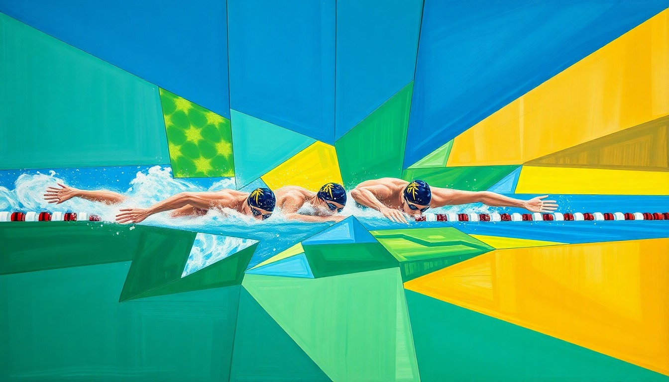 A cubist, geometric painting depicting the Virginia Cavaliers' record-breaking 400-yard freestyle relay, with overlapping planes of bright blue, emerald green, and gold representing the dynamic motion and energy of the race.
