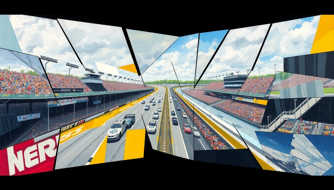 A fractured, multi-perspective painting featuring sharp, overlapping geometric shapes and forms representing the cars, track, and energy of a NASCAR race at Bristol Motor Speedway, conceptually illustrating the strategic depth and intensity of the event.