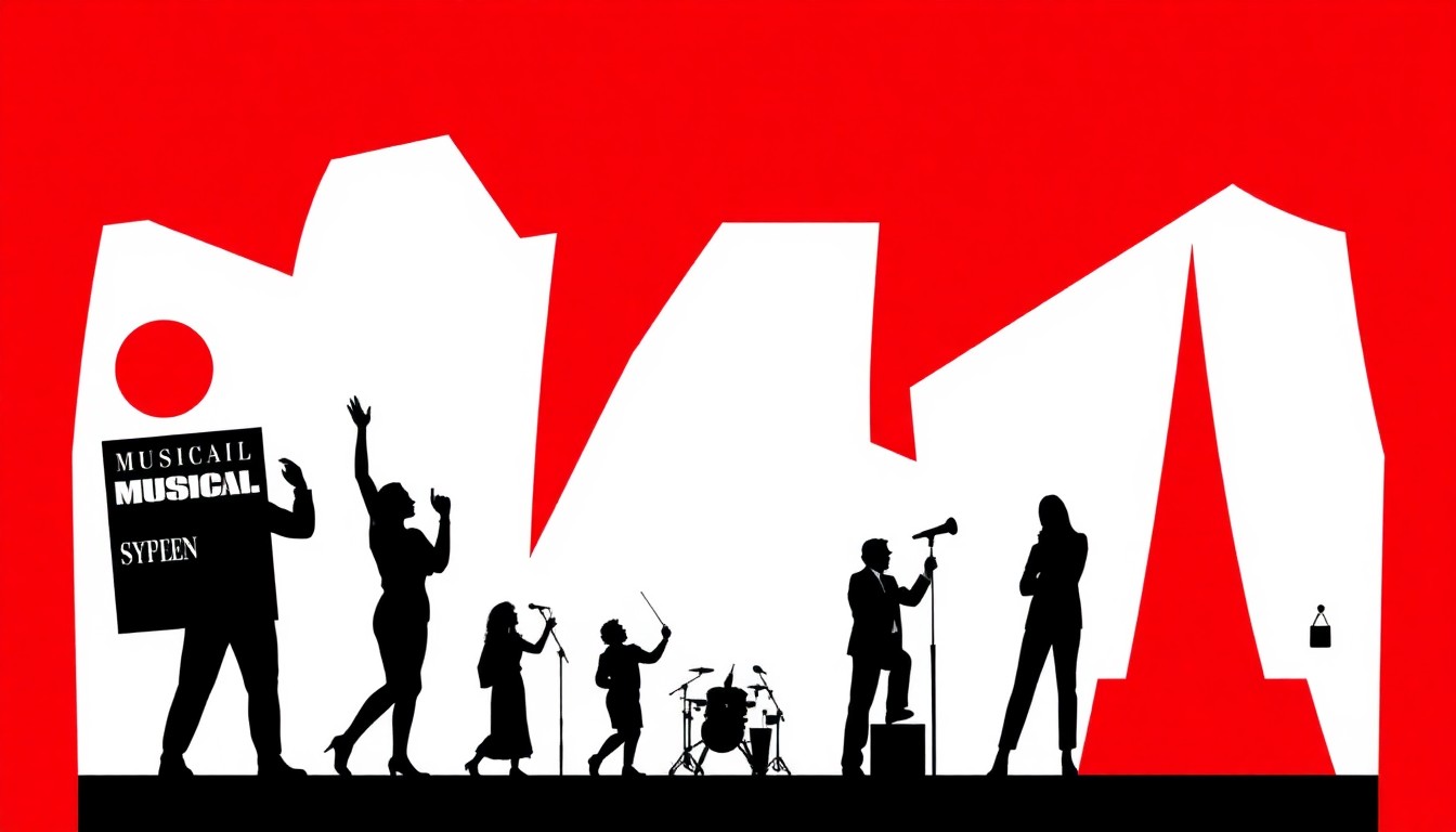 An abstract, minimalist illustration featuring bold geometric shapes and silhouettes in high-contrast colors, conceptually representing the diverse range of entertainment events happening in Central New York.