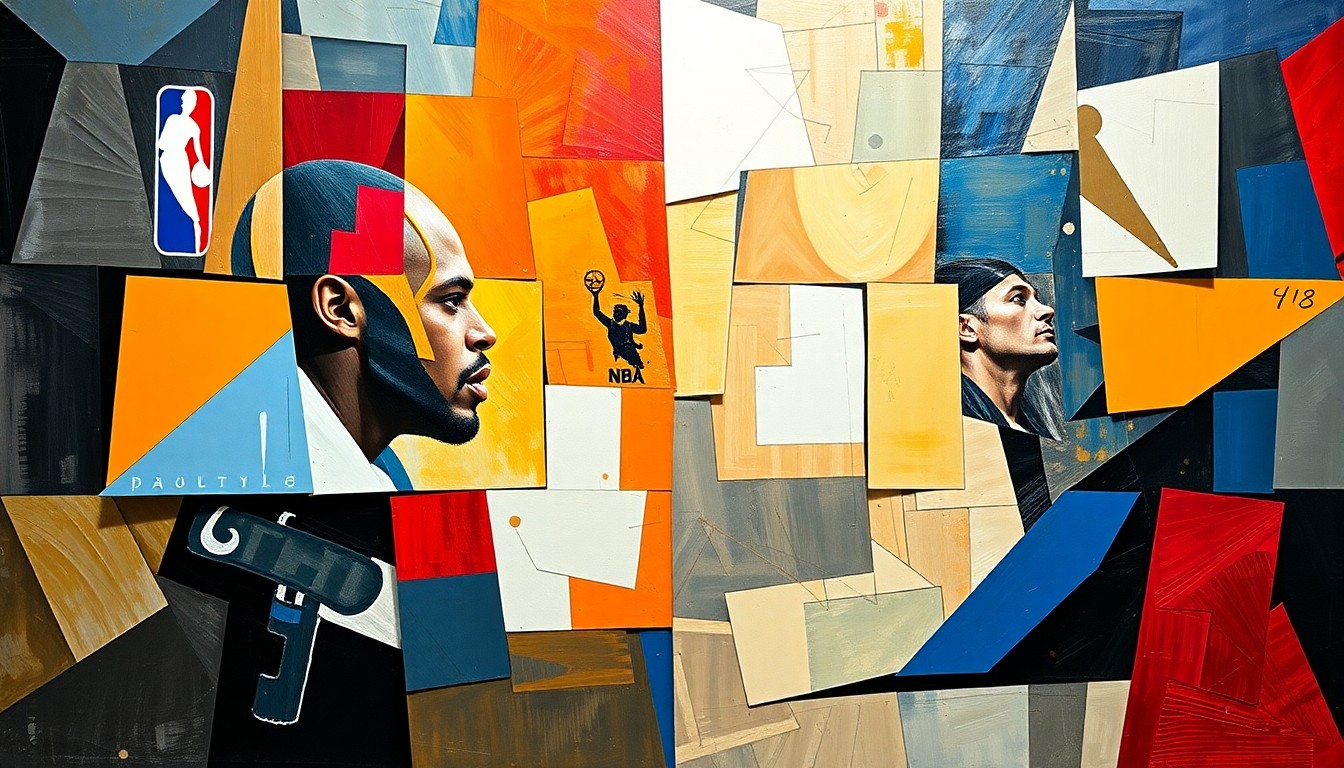 A cubist, geometric painting depicting fragmented basketball players, hoops, and court lines in a chaotic, overlapping composition, capturing the tension and unpredictability of the NBA's final day drama.