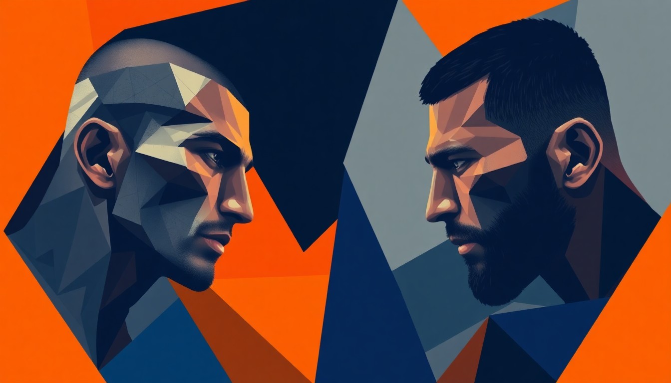 A fractured, multi-perspective painting in the style of Pablo Picasso, breaking the UFC light heavyweight title fight between Jiri Prochazka and Carlos Ulberg down into sharp, overlapping geometric planes of deep blues, oranges, and grays.