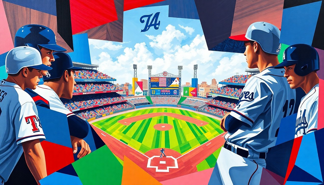 A fragmented, geometric painting depicting a baseball game in progress, with overlapping shapes and planes of color representing the players and action on the field.