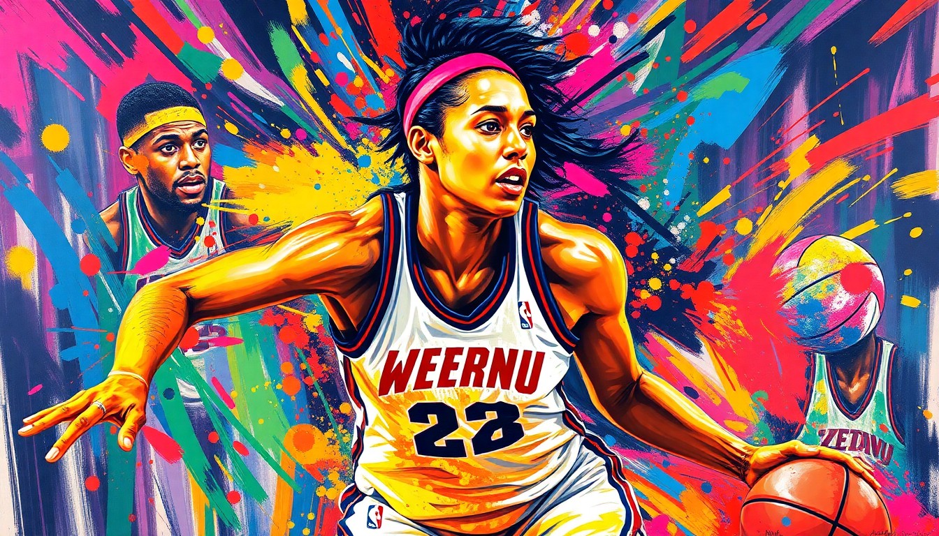 An abstract, expressionist painting in vibrant neon colors, capturing the dynamic movements and energy of a WNBA basketball player, with faces and details dissolving into unrecognizable brushstrokes.