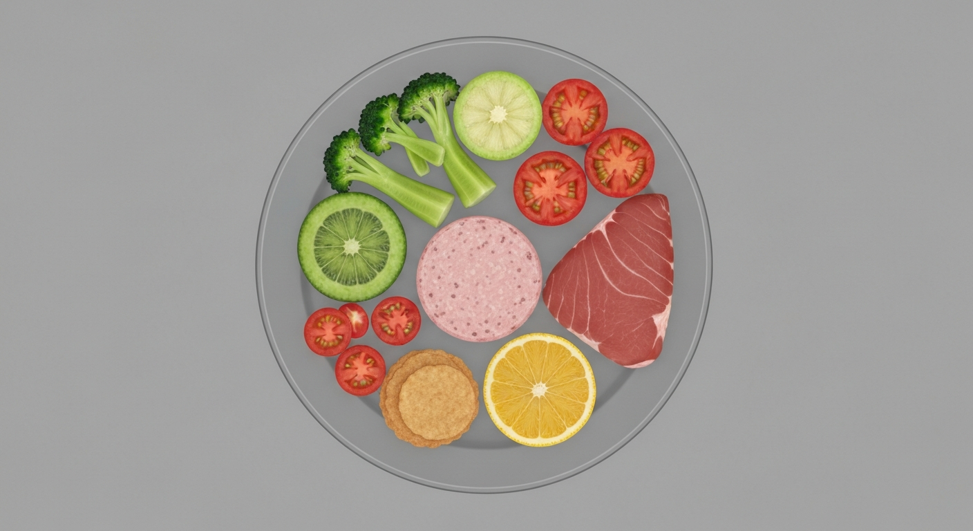 A ghostly X-ray image revealing the internal structures of a plate filled with various healthy foods like vegetables, fruits, and lean proteins, conceptually illustrating how small shifts in holiday eating can lead to a more nourishing and enjoyable experience.