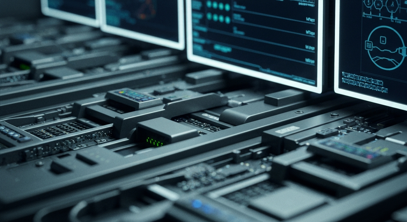 An extreme close-up of intricate, metallic banking and computer hardware components, conveying the robust technological infrastructure powering major tech firms in the AI sector.