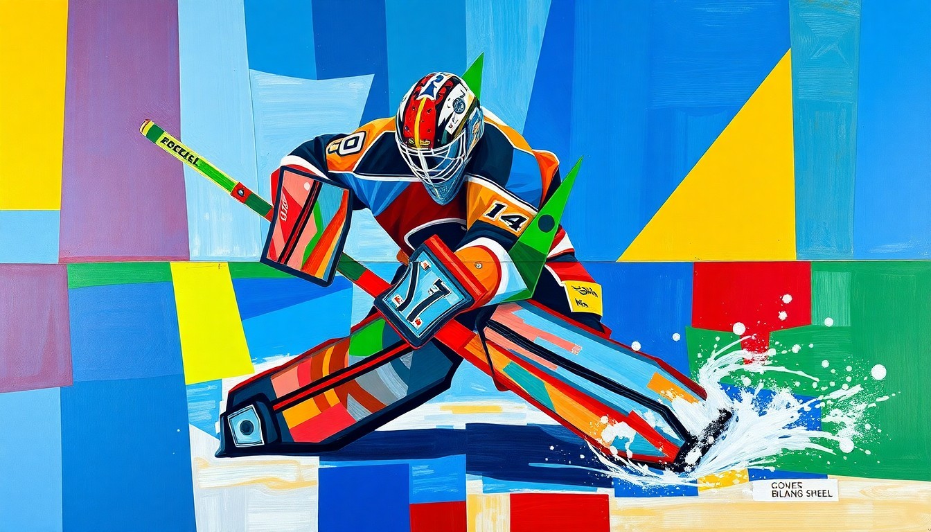 A cubist, geometric painting depicting a hockey goalie making a save, with the player's form broken down into sharp, overlapping planes of vibrant blue, green, and red colors.