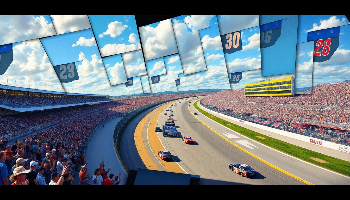 A fractured, multi-perspective painting depicting the energy and movement of a NASCAR race at Bristol Motor Speedway, with sharp geometric planes and overlapping shapes representing the cars, track, and the overall spectacle of the event.