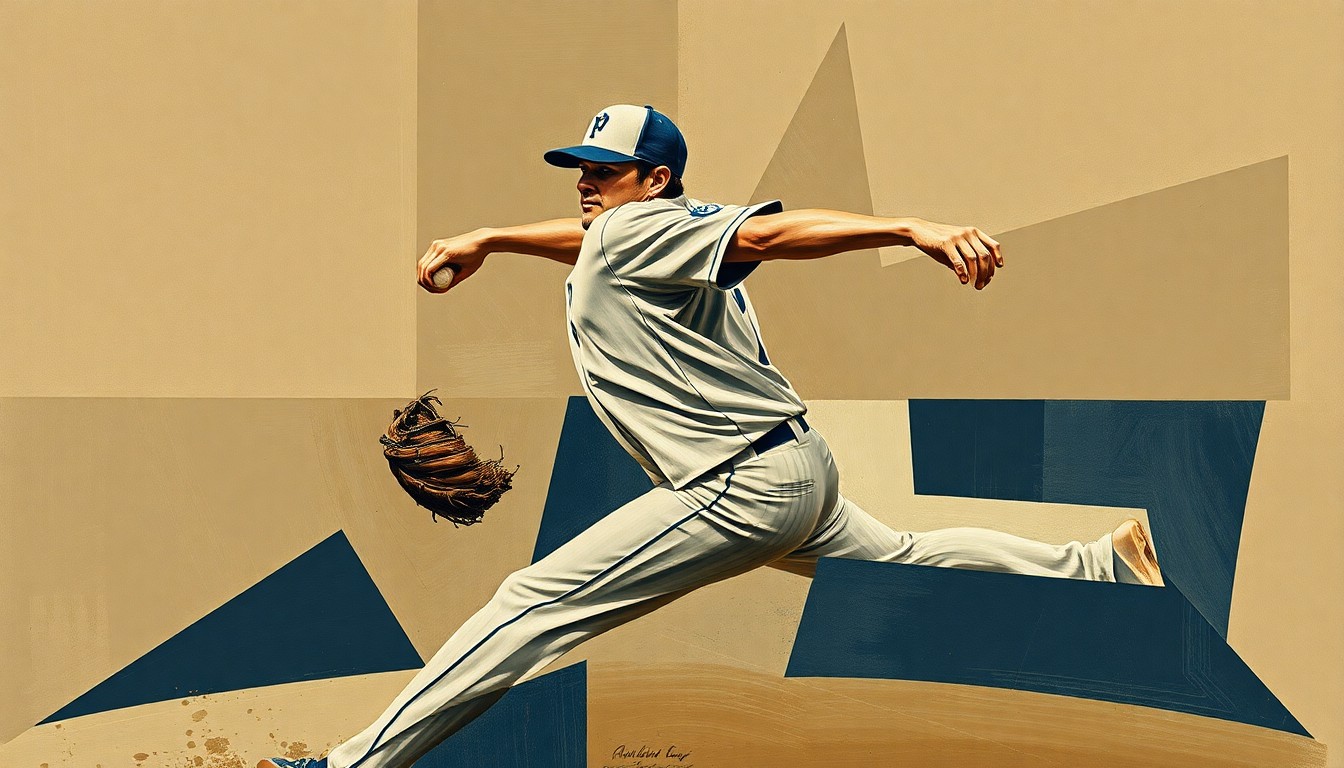 A cubist-style painting depicting a baseball pitcher's motion broken down into sharp, overlapping geometric shapes in muted earth tones, conveying the fragmented nature of the Astros' pitching situation.